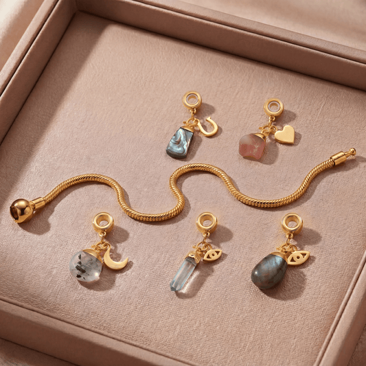 24 Carat Gold Charm Bracelet with Five Gemstones & Charms - Moon Charged Crystals