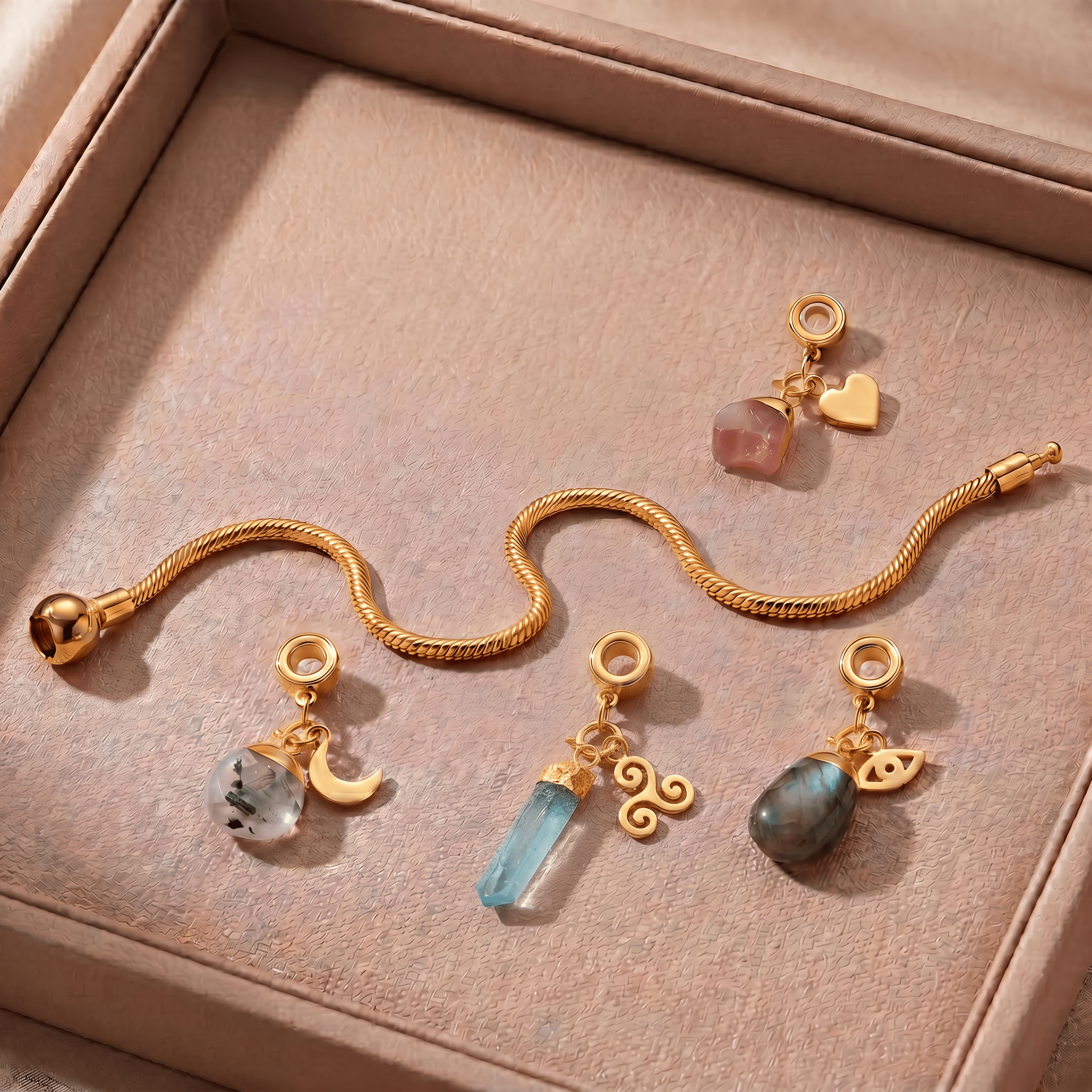 24 Carat Gold Charm Bracelet with Four Gemstones & Charms - Moon Charged Crystals