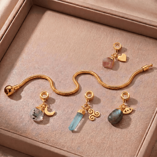 24 Carat Gold Charm Bracelet with Four Gemstones & Charms - Moon Charged Crystals