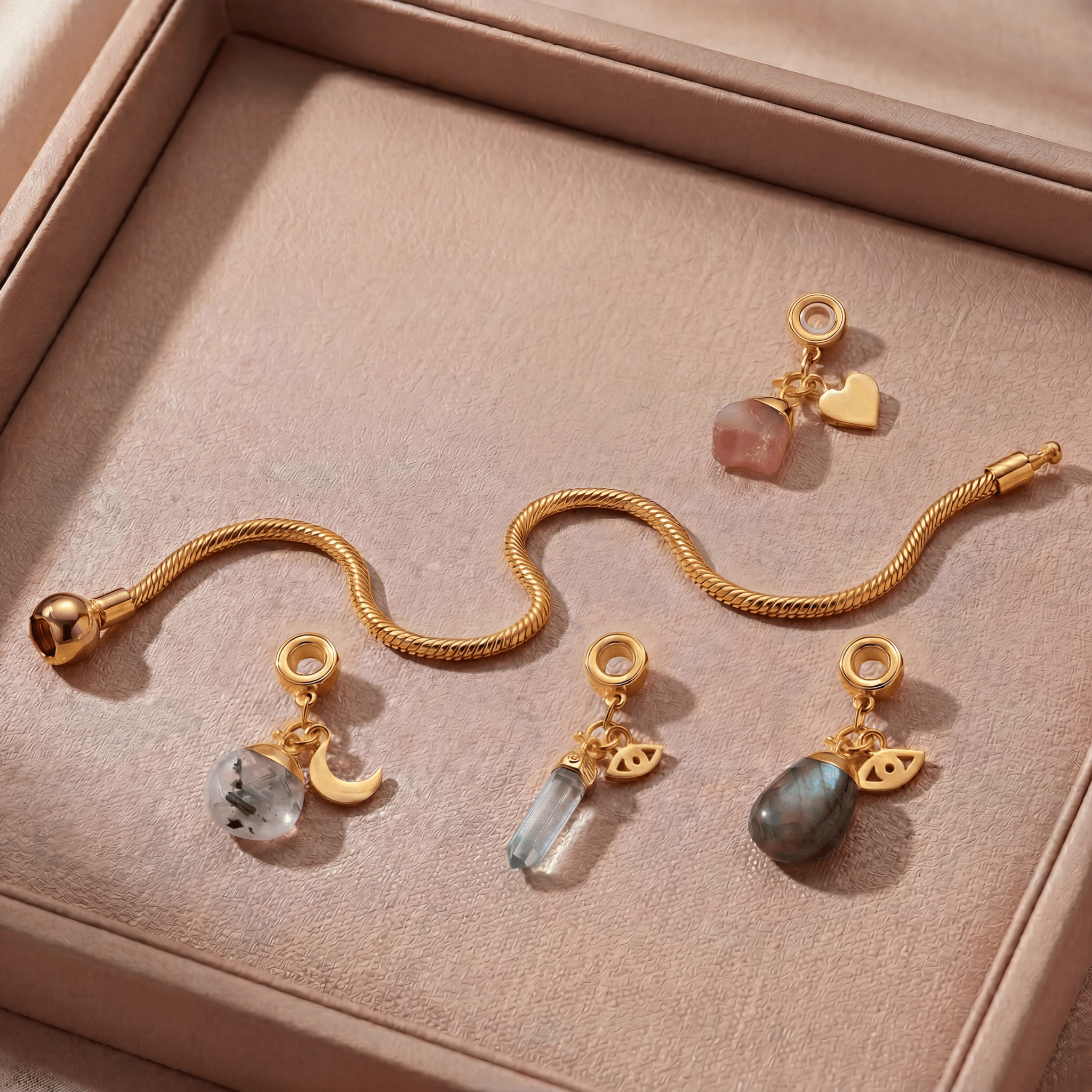 24 Carat Gold Charm Bracelet with Four Gemstones & Charms - Moon Charged Crystals