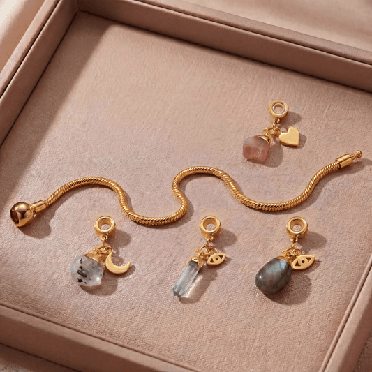 24 Carat Gold Charm Bracelet with Four Gemstones & Charms - Moon Charged Crystals