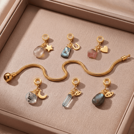 24 Carat Gold Charm Bracelet with Six Gemstones & Charms - Moon Charged Crystals