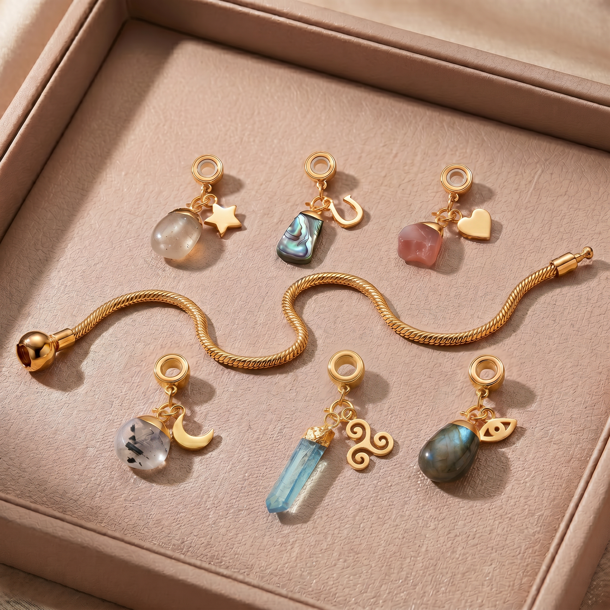 24 Carat Gold Charm Bracelet with Six Gemstones & Charms