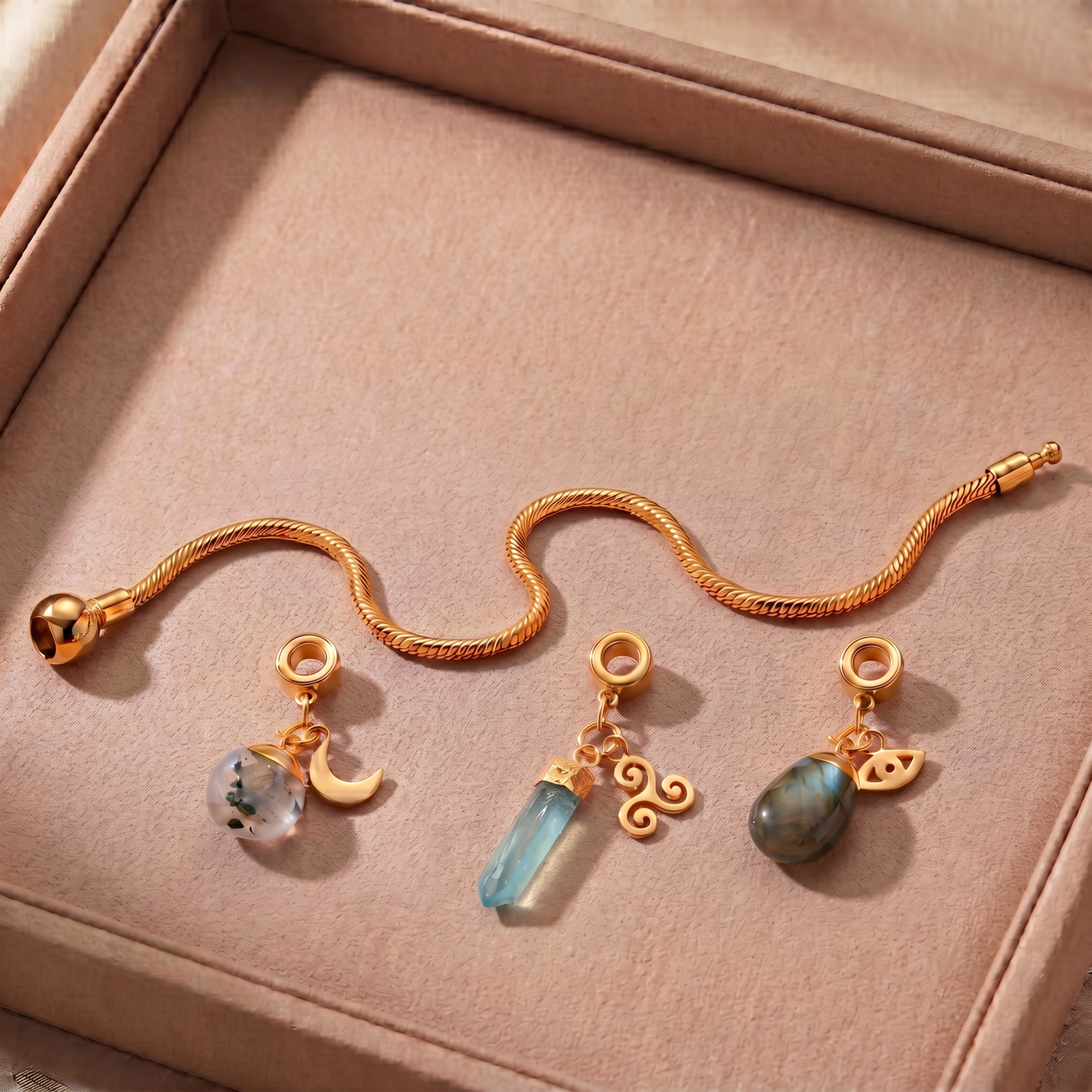 Charm Bracelet with Three Gemstones & Charms