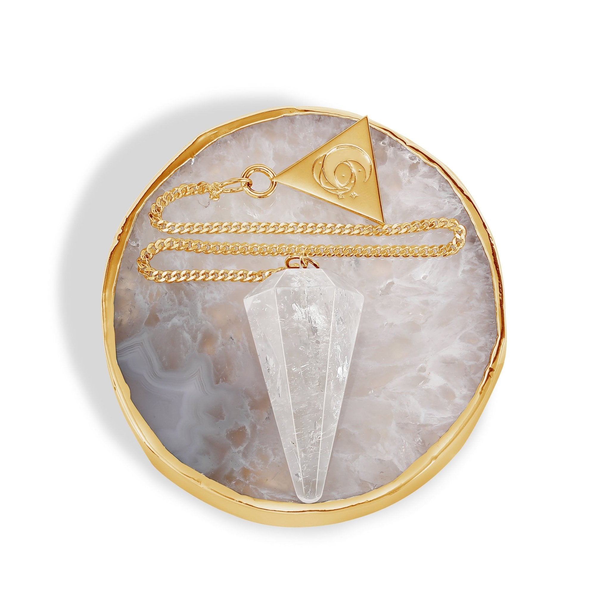 24 Carat Gold Clear Quartz Pendulum Kit - Moon Charged Crystals