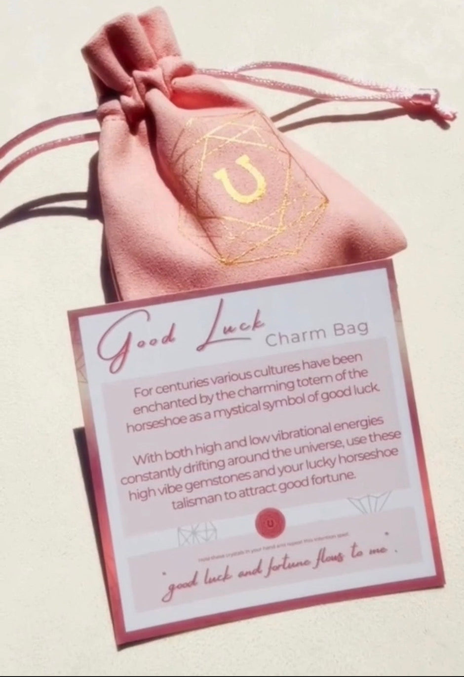 Pink drawstring bag with gold horseshoe design and information card on a light background