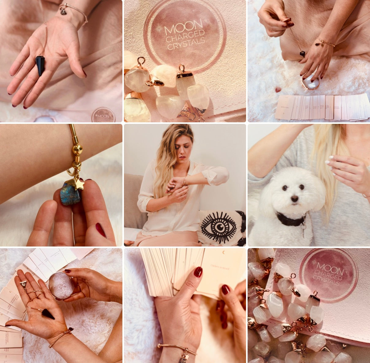 Collage of various products and activities including jewelry, crystals, and a dog.