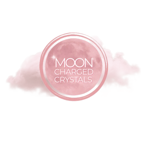 Logo for 'Moon Charged Crystals' with a pink circular design on a white background
