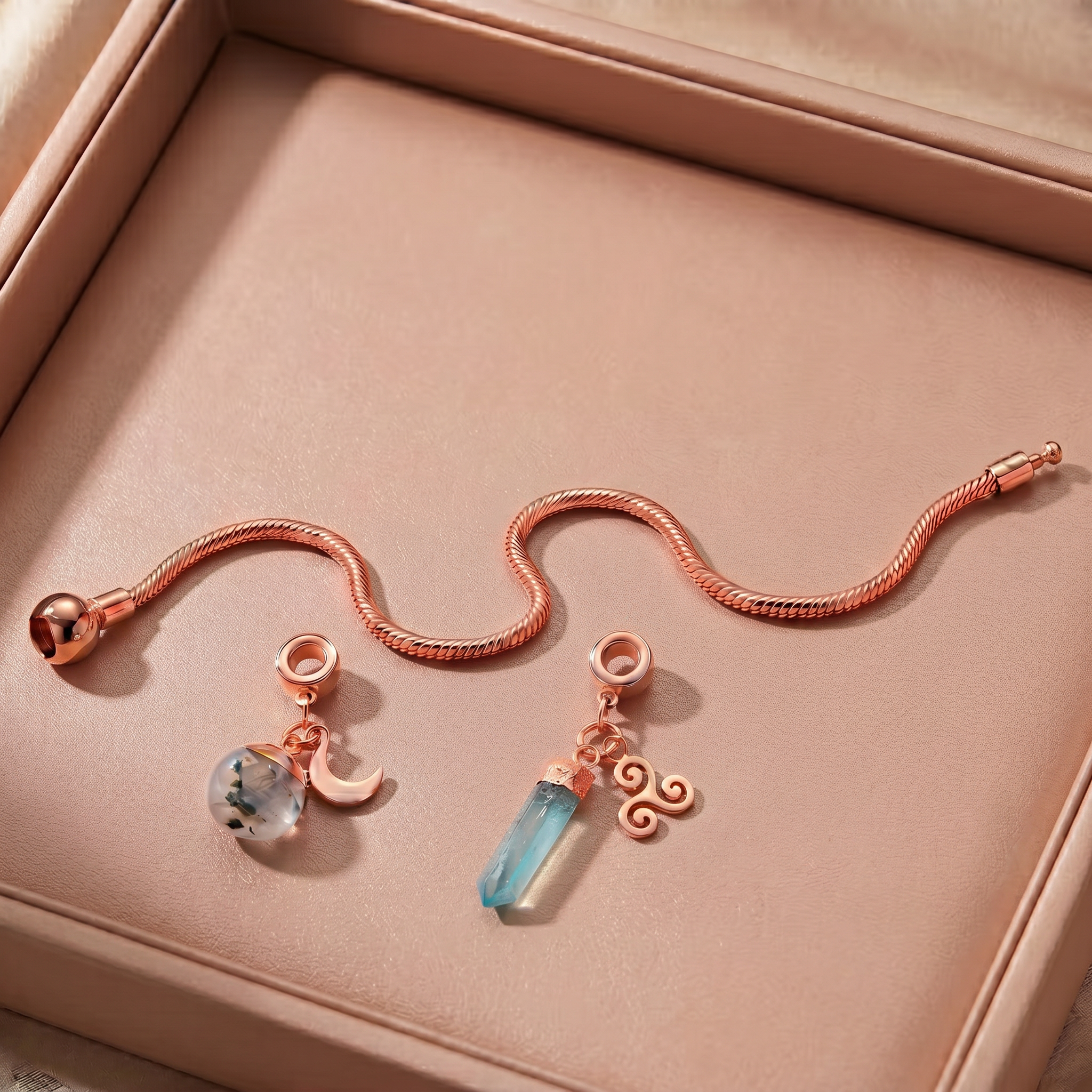Rose Gold Charm Bracelet with Two Gemstones & Charms