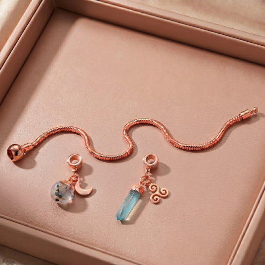 Rose Gold Charm Bracelet with Two Gemstones & Charms