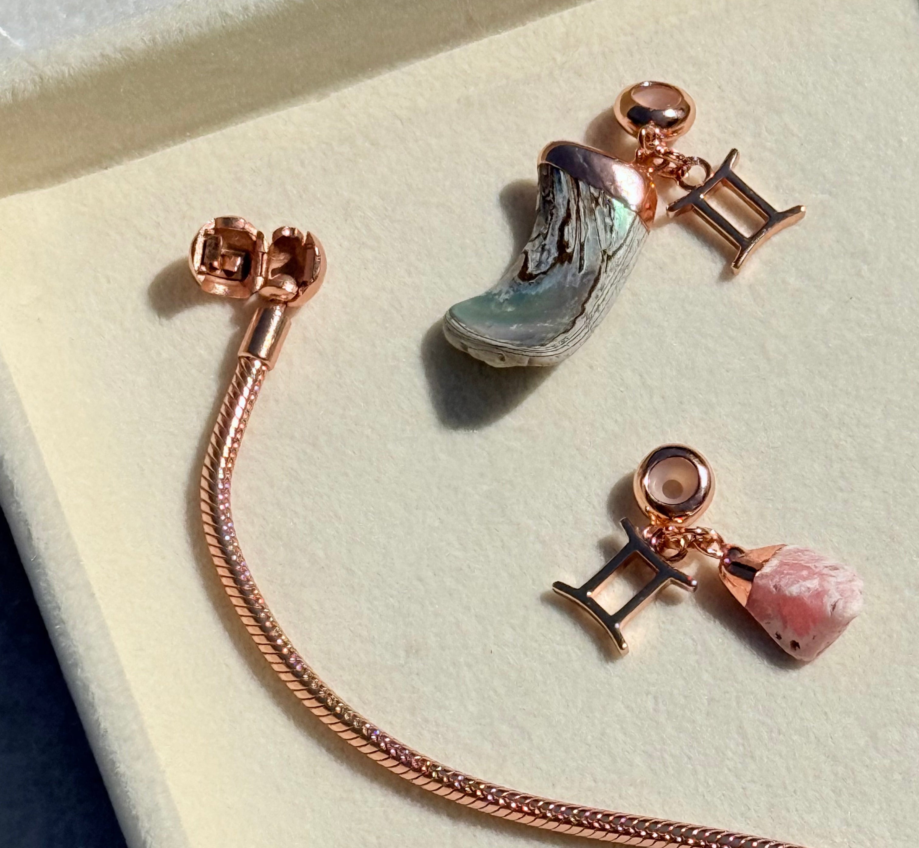 Rose Gold Gemstones & Charms, abalone shell & rhodochryosite & Gemini charm 