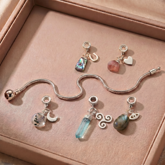 Sterling Silver Charm Bracelet with Five Gemstones & Charms