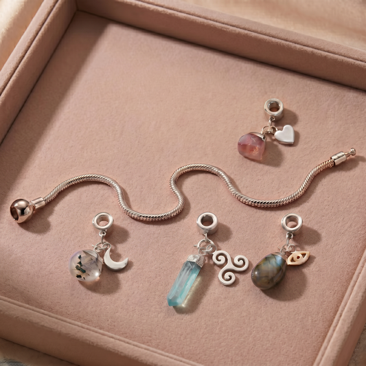 Sterling Silver Charm Bracelet with Four Gemstones & Charms