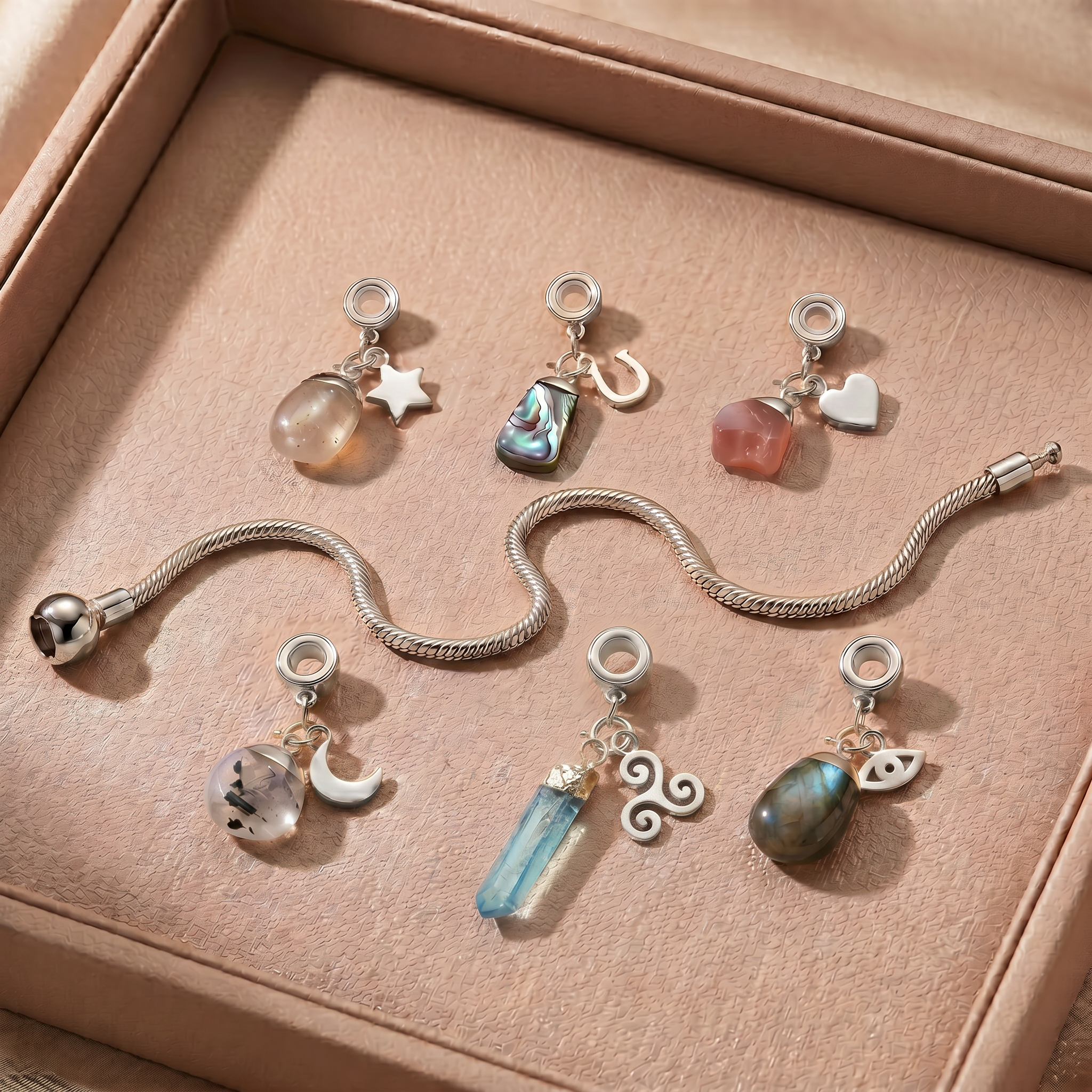 Sterling Silver Charm Bracelet with Six Gemstones & Charms