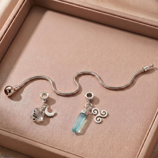 Sterling Silver Charm Bracelet with Two Gemstones & Charms