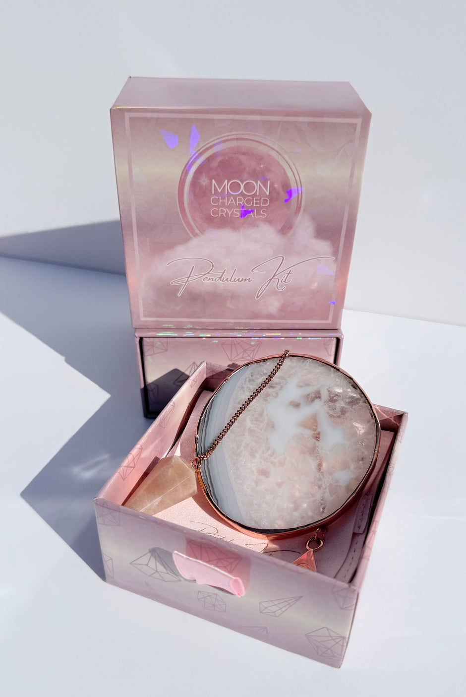 Sunstone Rose Gold Pendulum and Rose Gold Agate Plate - Moon Charged Crystals Pendulum Kit 