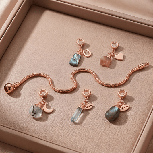 Rose Gold Charm Bracelet with Five Gemstones & Charms - Moon Charged Crystals