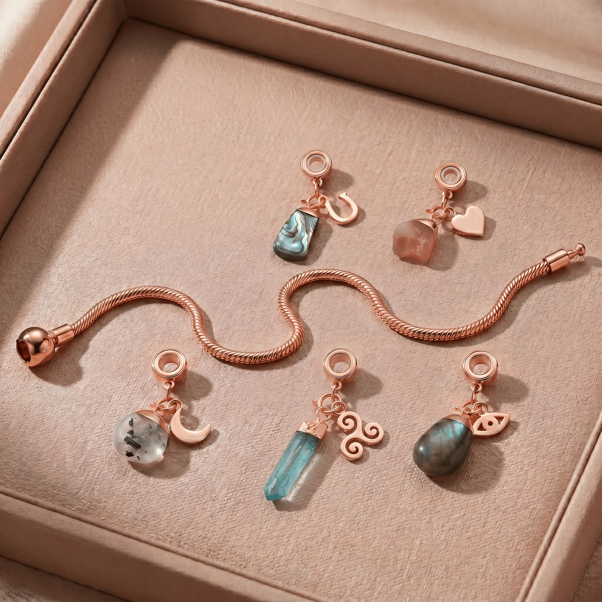 Rose Gold Charm Bracelet with Five Gemstones & Charms - Moon Charged Crystals