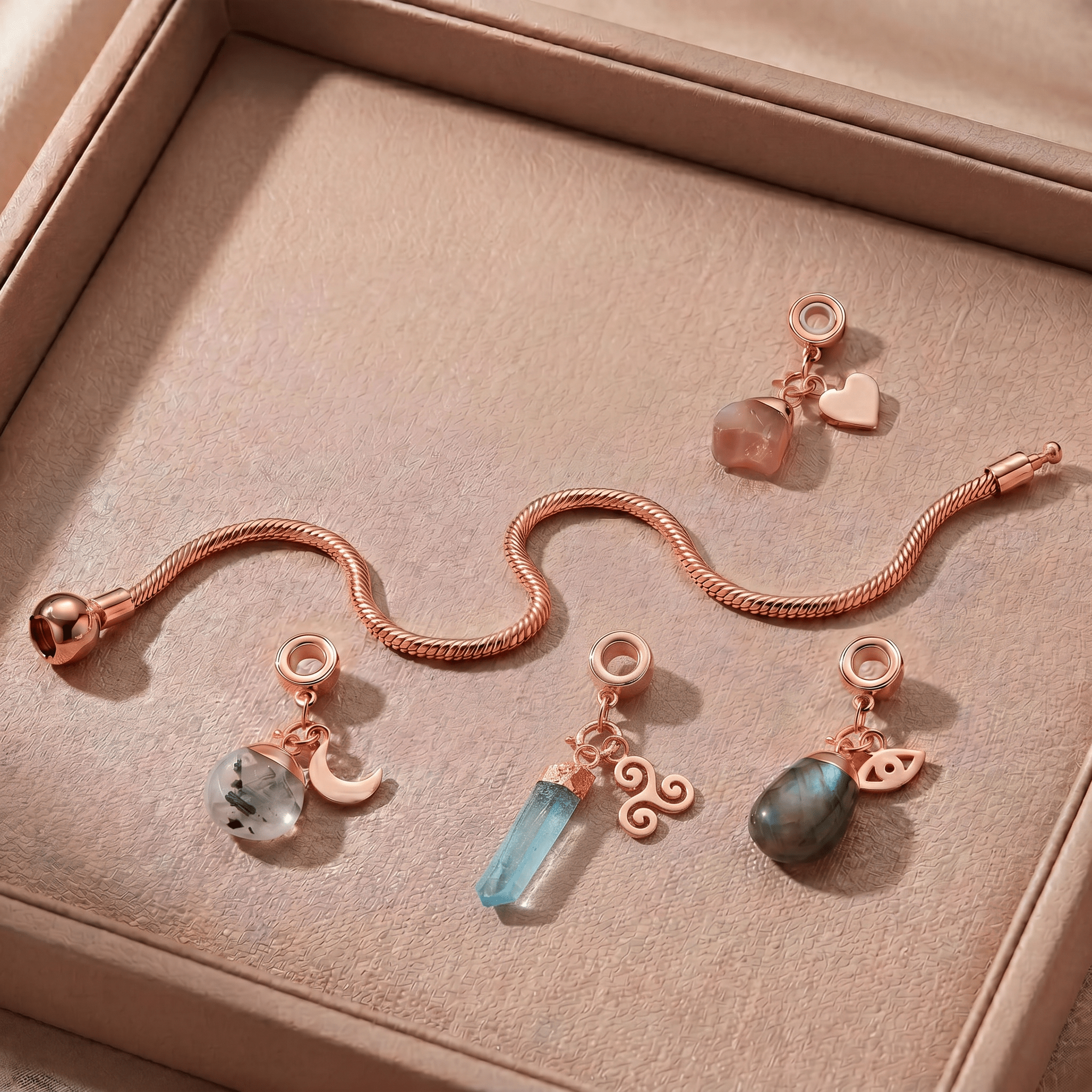 Rose Gold Charm Bracelet with Four Gemstones & Charms - Moon Charged Crystals