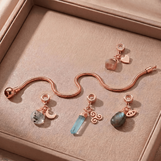 Rose Gold Charm Bracelet with Four Gemstones & Charms - Moon Charged Crystals