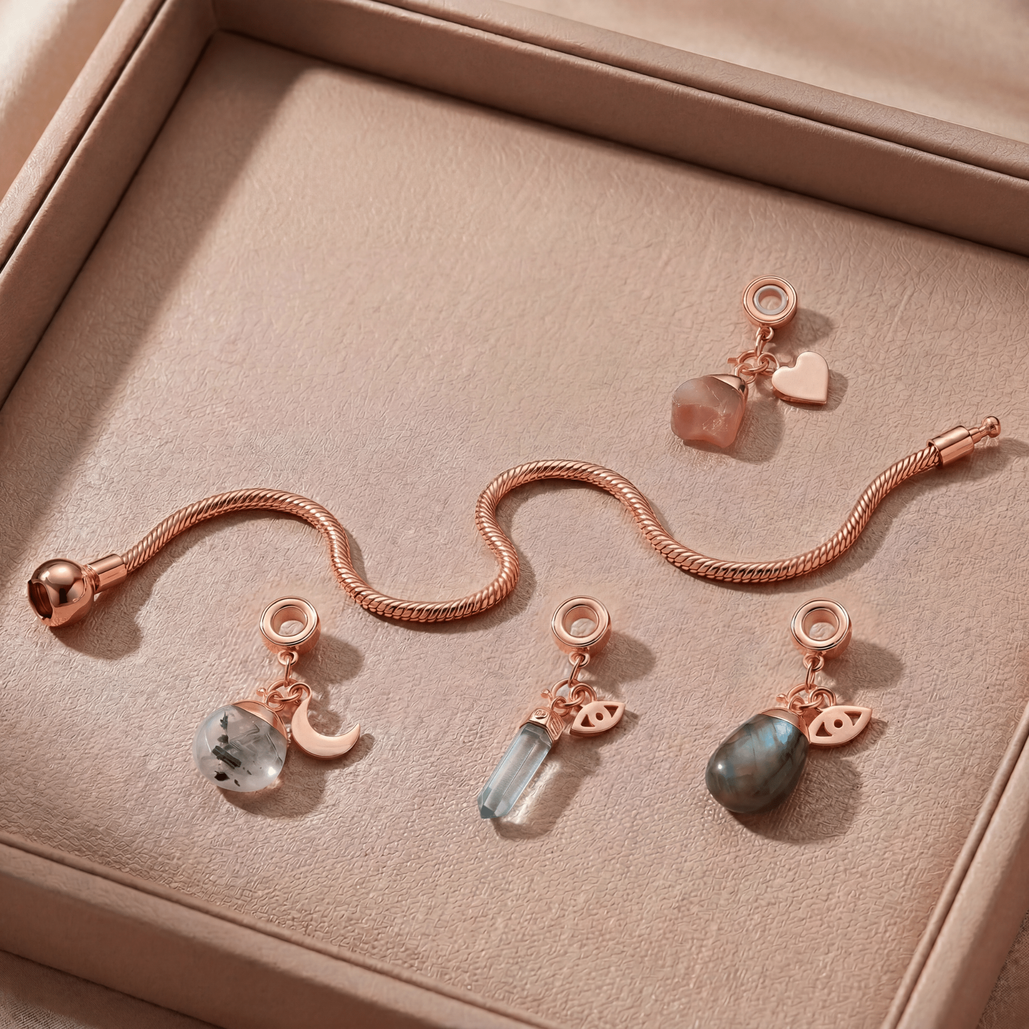 Rose Gold Charm Bracelet with Four Gemstones & Charms - Moon Charged Crystals