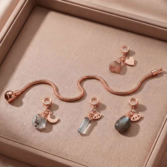 Rose Gold Charm Bracelet with Four Gemstones & Charms - Moon Charged Crystals
