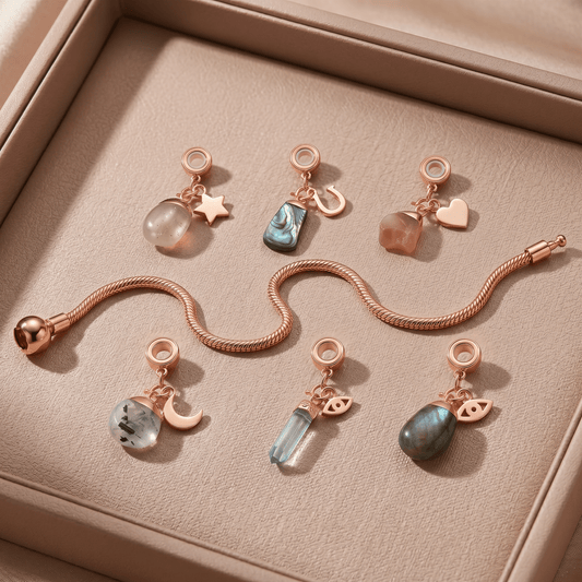 Rose Gold Charm Bracelet with Six Gemstones & Charms - Moon Charged Crystals