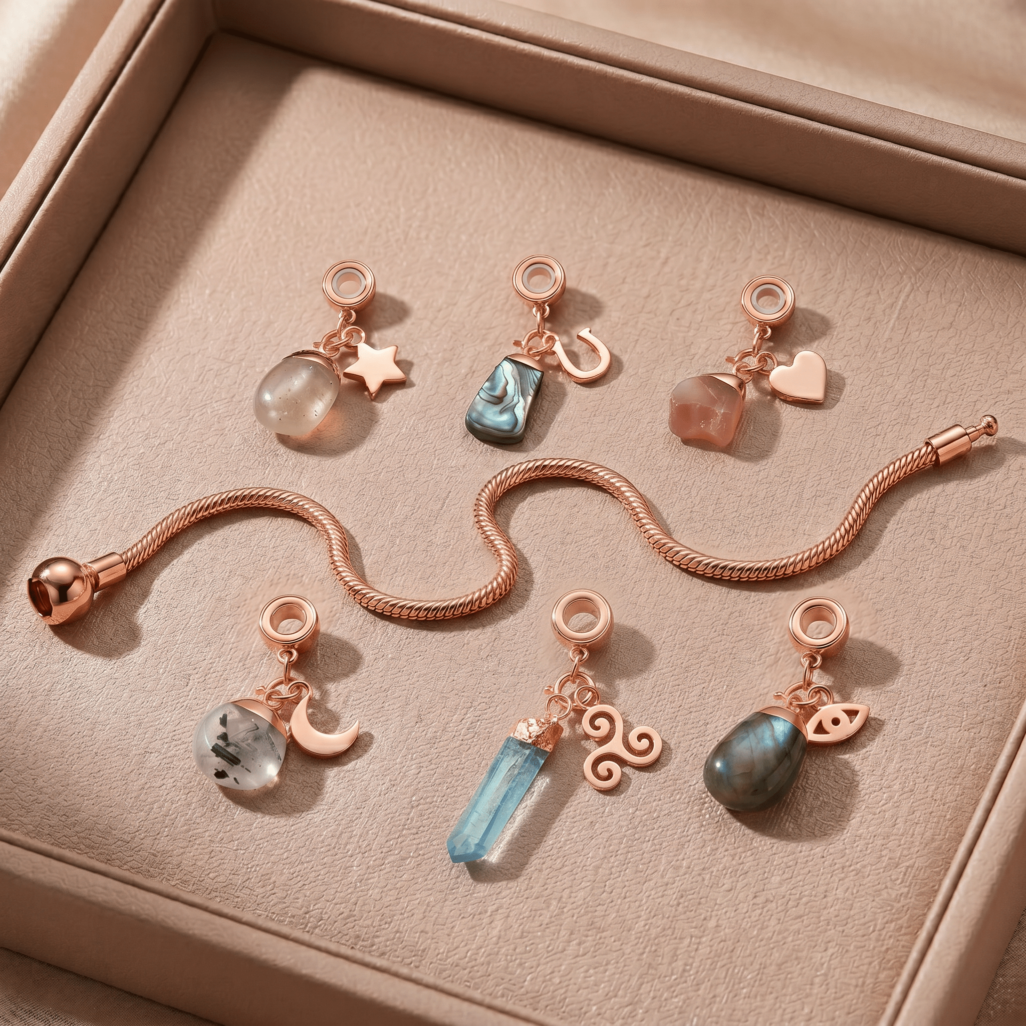 Rose Gold Charm Bracelet with Six Gemstones & Charms - Moon Charged Crystals