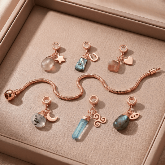 Rose Gold Charm Bracelet with Six Gemstones & Charms - Moon Charged Crystals