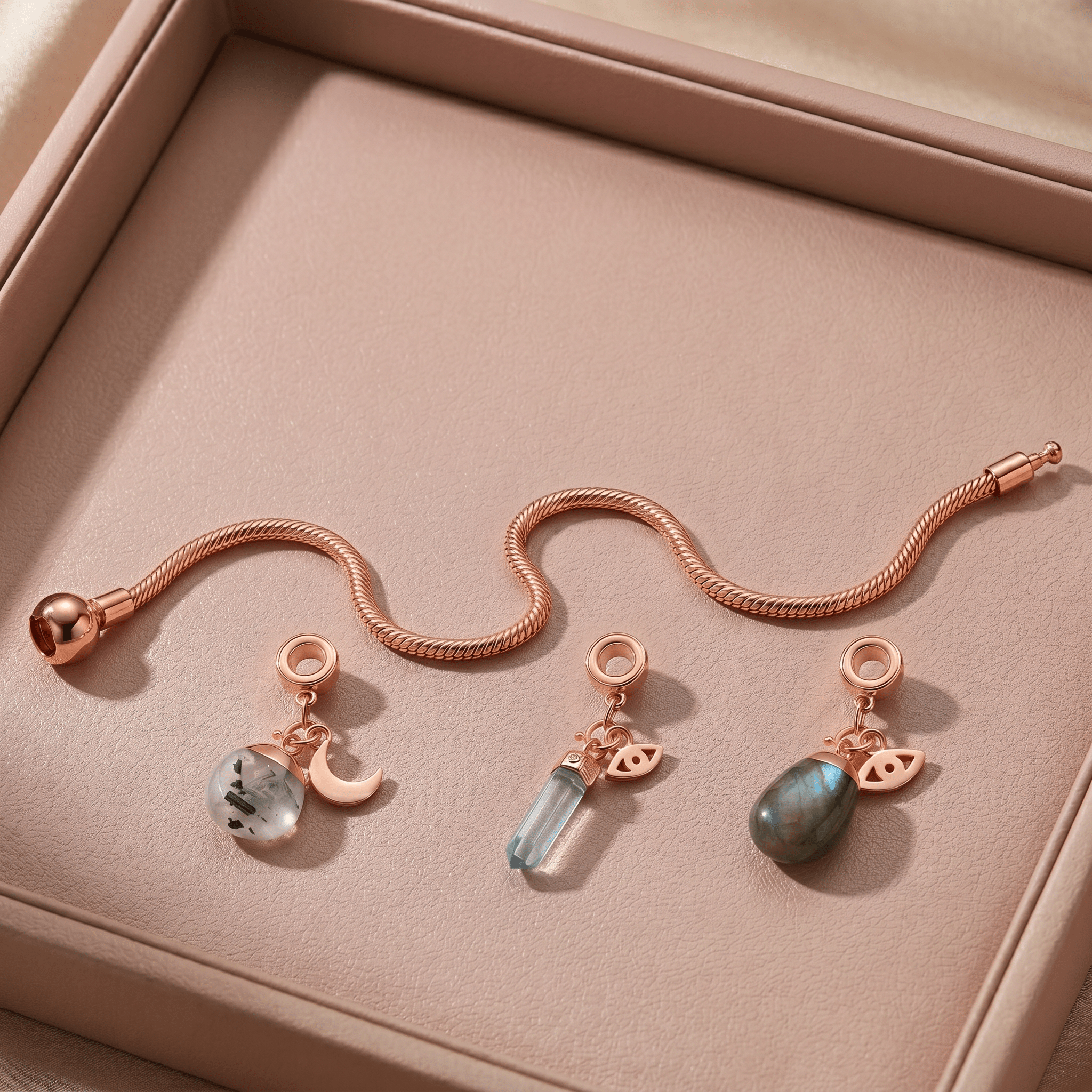 Rose Gold Charm Bracelet with Three Gemstones & Charms - Moon Charged Crystals