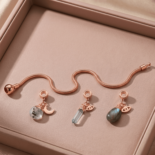 Rose Gold Charm Bracelet with Three Gemstones & Charms - Moon Charged Crystals