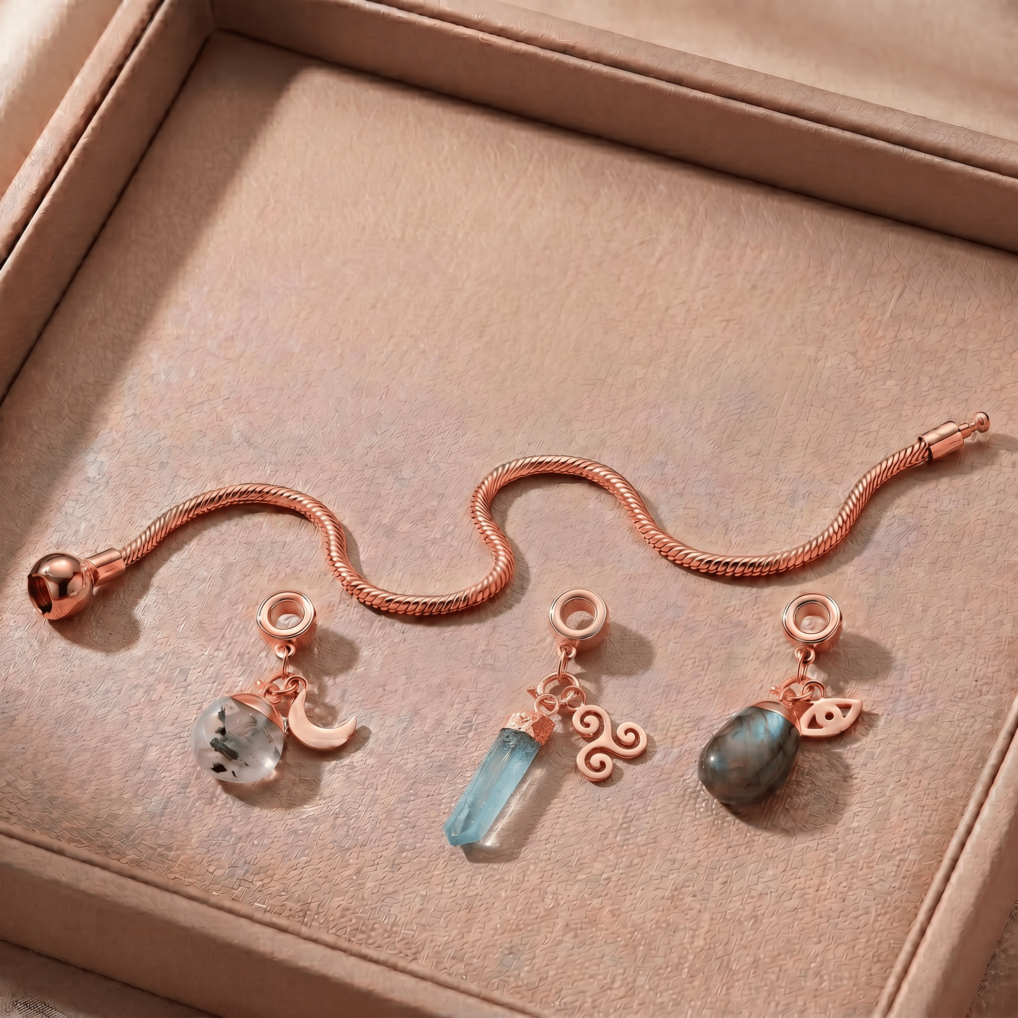 Rose Gold Charm Bracelet with Three Gemstones & Charms - Moon Charged Crystals