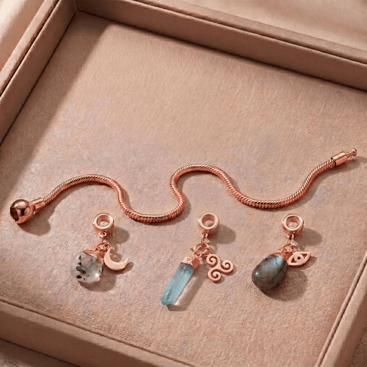 Rose Gold Charm Bracelet with Three Gemstones & Charms - Moon Charged Crystals