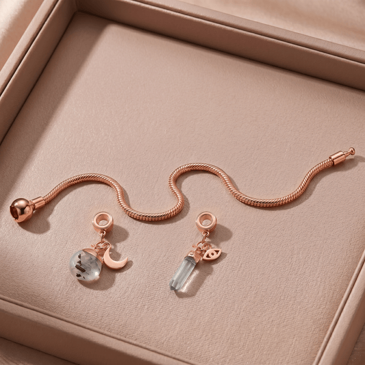 Rose Gold Charm Bracelet with Two Gemstones & Charms - Moon Charged Crystals