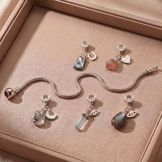 Sterling Silver Charm Bracelet with Five Gemstones & Charms - Moon Charged Crystals