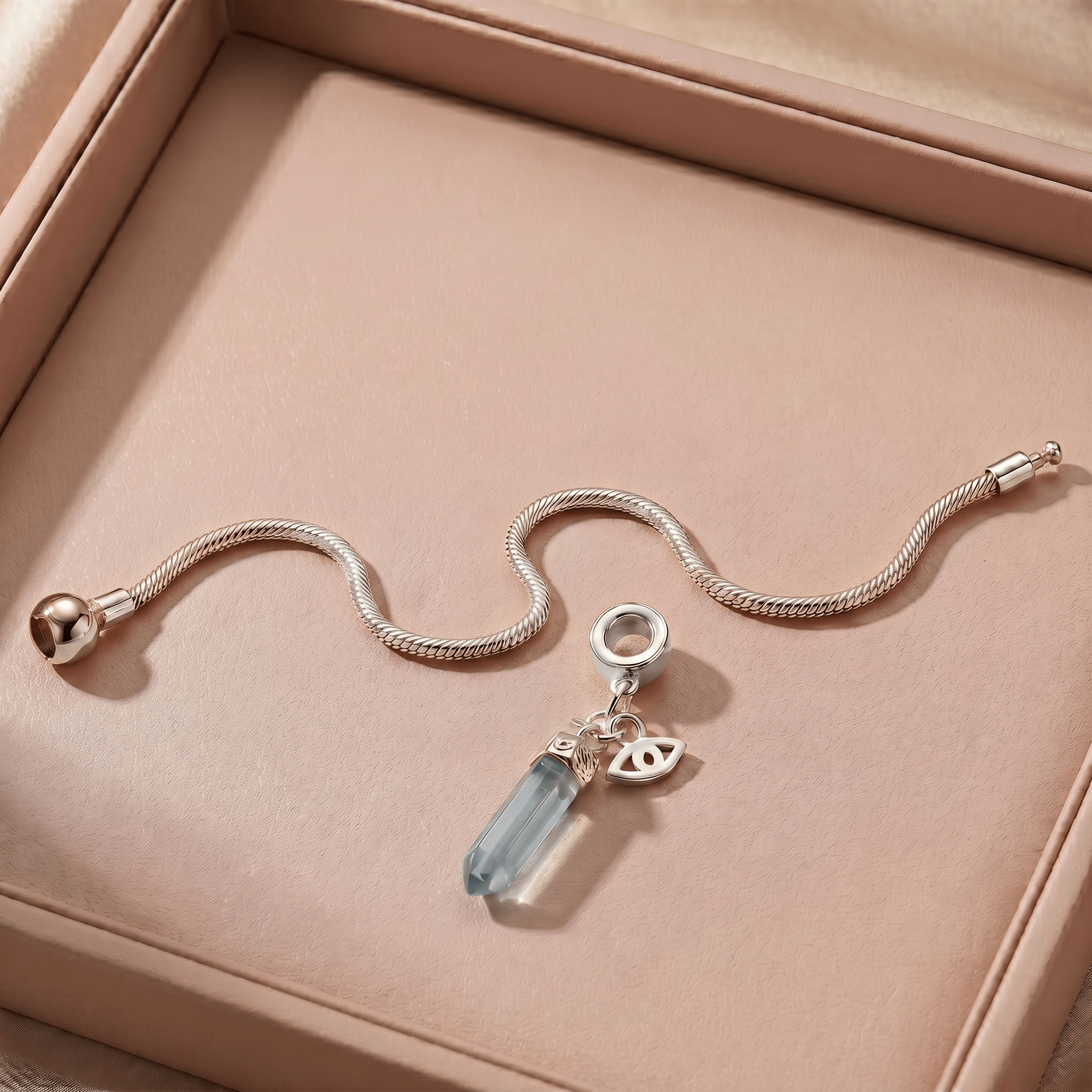 Sterling Silver Charm Bracelet with One Gemstone & Charm - Moon Charged Crystals