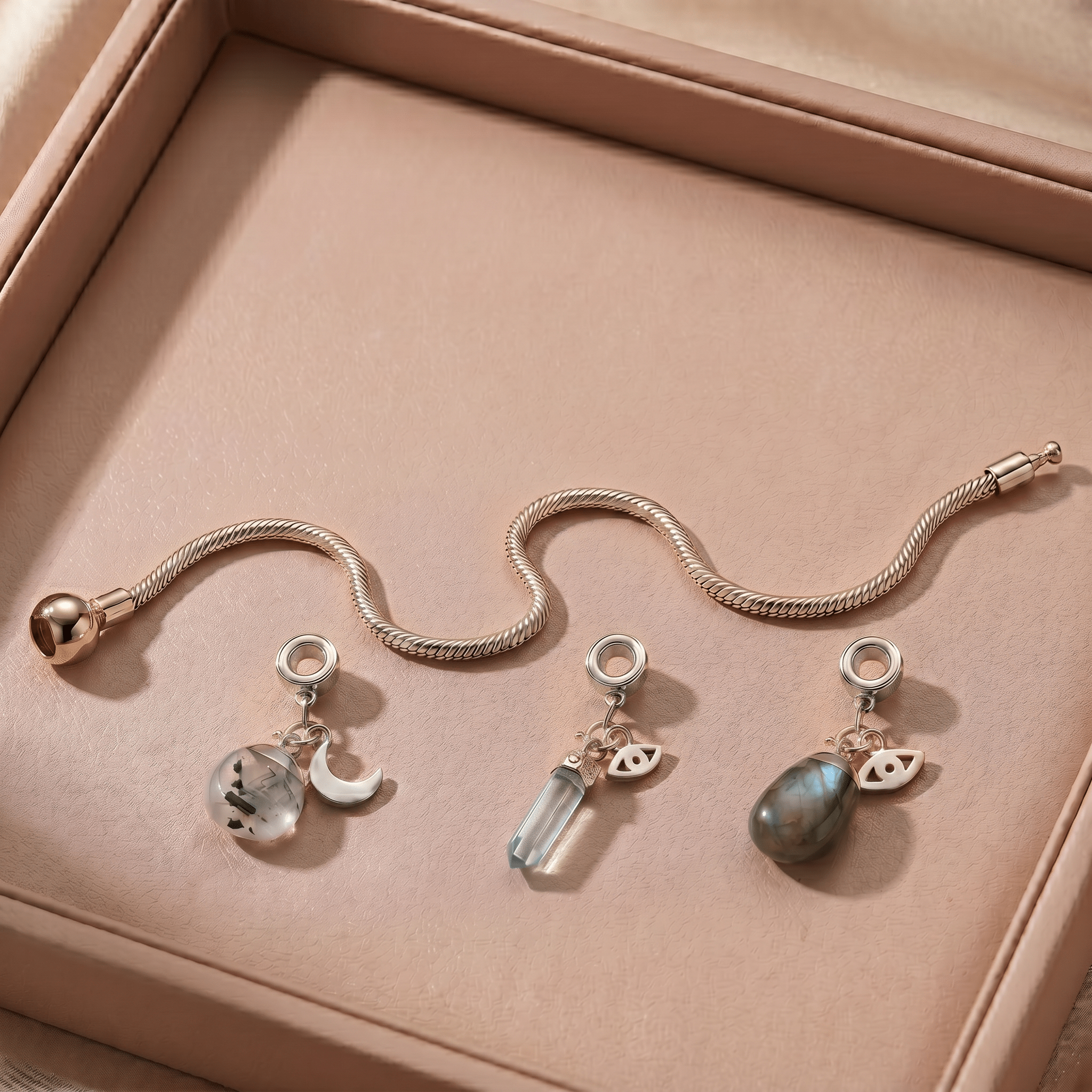 Sterling Silver Charm Bracelet with Three Gemstones & Charms - Moon Charged Crystals