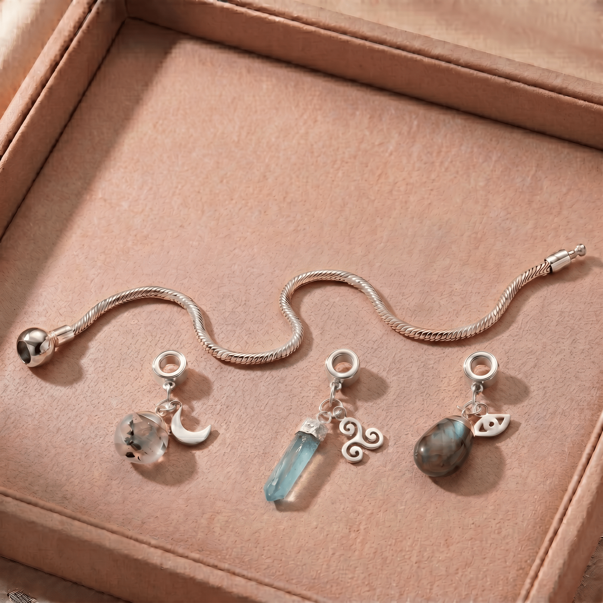 Sterling Silver Charm Bracelet with Three Gemstones & Charms - Moon Charged Crystals