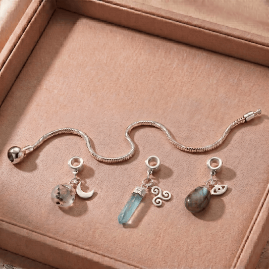 Sterling Silver Charm Bracelet with Three Gemstones & Charms - Moon Charged Crystals